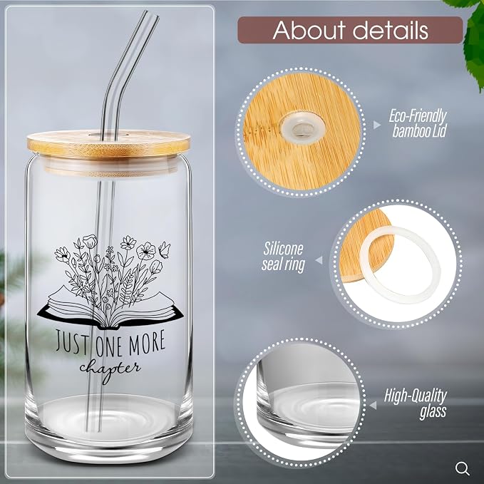 Domensi 12 Pcs Book Lovers Themed Gift 16 oz Glass Cups with Bamboo Lid Straw Library School Can Shaped Glass Cup for Women Men Teacher Readers Book Club Librarians Team Appreciation Gifts