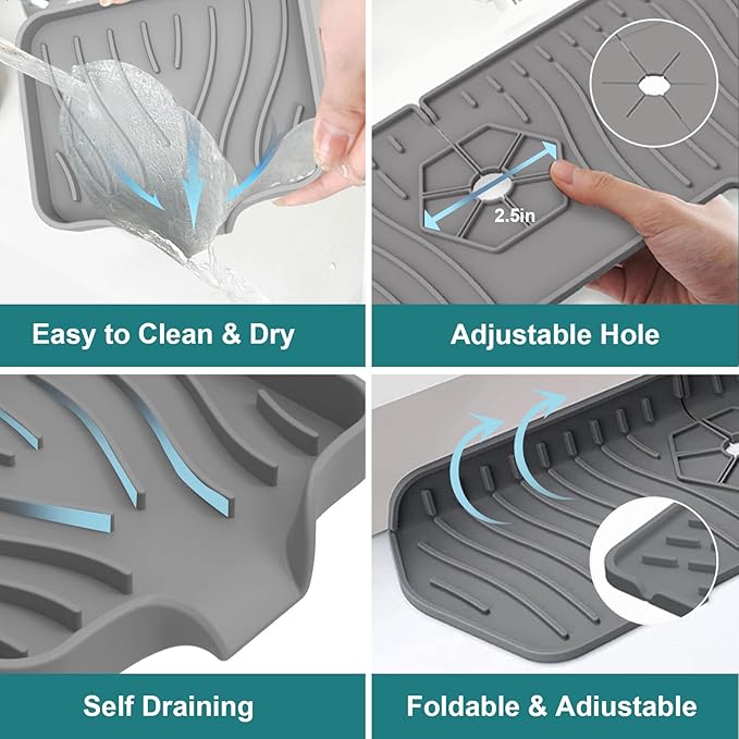 4 PCS Kitchen Sink Splash Guard and Soap Tray, Silicone Faucet Guard Mat Faucet Splash Catcher Sponge Holder with Drain Spout, Keep Kitchen Bathroom Sinks Countertop Soap Dry (grey)