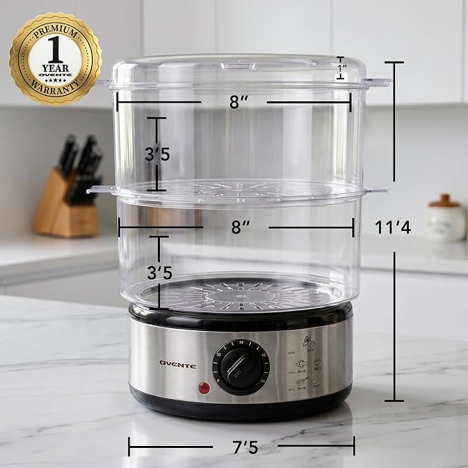 OVENTE 2-Tier Electric Food Steamer, 5 Quart Stainless Steel Stackable Steam Cooker with 400W Power, 60-Minute Timer & Auto Shut-Off, Dishwasher Safe, Healthy Vegetable & Seafood Steamer, Silver FS62S
