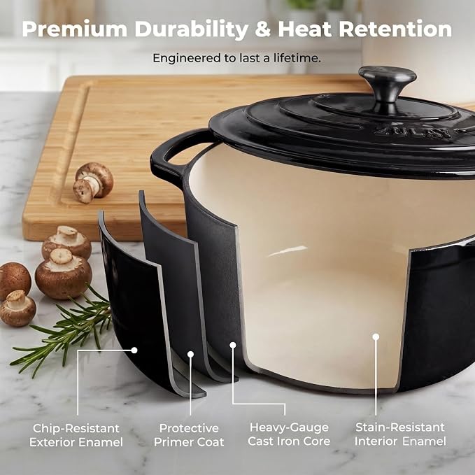 Zulay Kitchen 5 Quart Enameled Cast Iron Dutch Oven Pot with Lid – Premium Durability & Oven Safe up to 500°F – Heavy Duty Cookware Perfect for Bread Baking, Stews, Braising & Roasting – Black