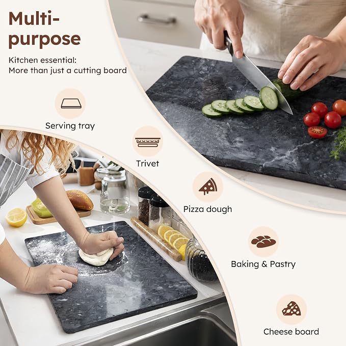 Diflart Natural Marble Stone Cutting Board for Kitchen, 16x20 Inch, Black, Marble Slab Pastry Board Large with Non Slip Feets for Keep the Dough Cool and Chocolate Tempering, Pack of 1 Pcs
