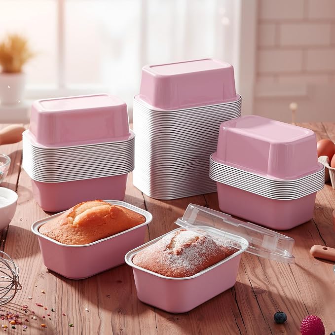 Vesici 100 Sets Mini Loaf Pans with Lids, 5.7 oz Disposable Aluminum Foil Baking Cups, Rectangle Cake Pans for Baking Storage Birthday Party(Pink)