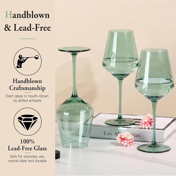 Green Wine Glasses Set of 6, Handblown Colored Wine Glasse,Green Coloful Glassware，17OZ for Red or White Wine