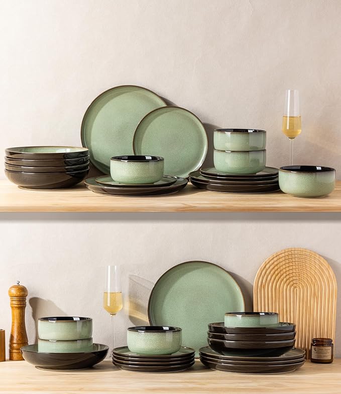 LERATIO Ceramic Dinnerware Sets for 4,12 Pieces Poreclain Plates and Bowls Sets,Scratch Resistant Dishes,Dishwasher & Microwave Safe Dishes Set,Service for 4-Light Geen