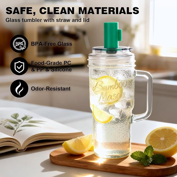 Anotion Mason Jar Cups with Lids and Straw, Leakproof 24oz Glass Tumbler with Handle, Leak-Proof Dustproof Cap, Self-Assembly Silicone Straw, Reusable Iced Coffee Matcha Cup Coffee Gifts for Women 4pc