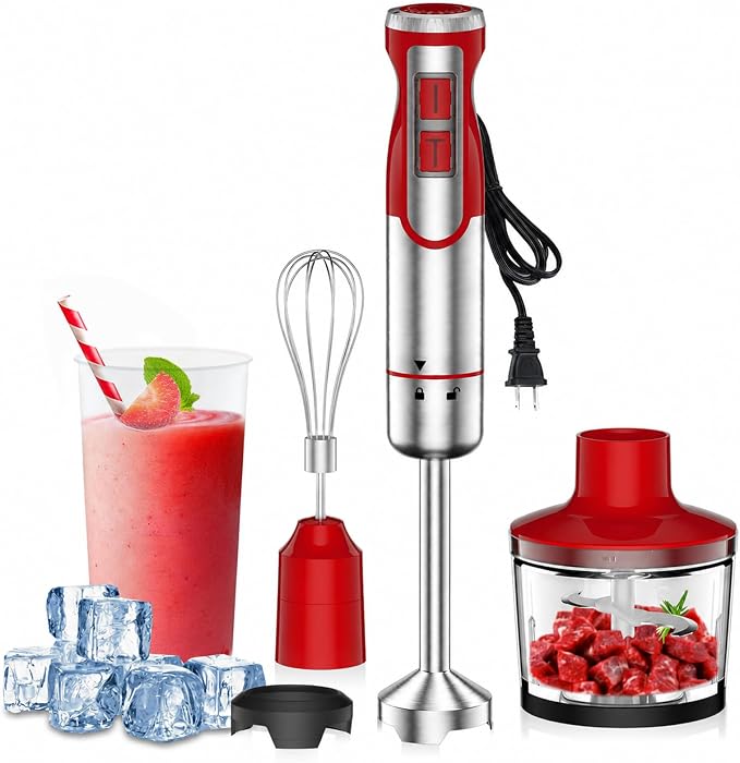 Colarlemo 1800W Immersion Blender Handheld 4-in-1 Hand Blender Stick for Ice Crushing Smoothie, Baby Food, Soup, 8 Speed Hand Mixer Turbo Boost Stainless Steel Blade with Whisk, Chopper, Beaker (Red)