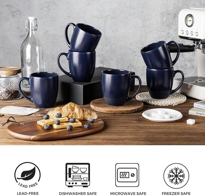 GBhome 16oz Coffee Mugs Set of 6, Large Ceramic Coffee Mugs for Man, Woman, Dad, Mom, Modern Coffee Mugs Set with handle for Tea/Latte/Cappuccino/Milk/Cocoa. Dishwasher&Microwave Safe,Matte Blue