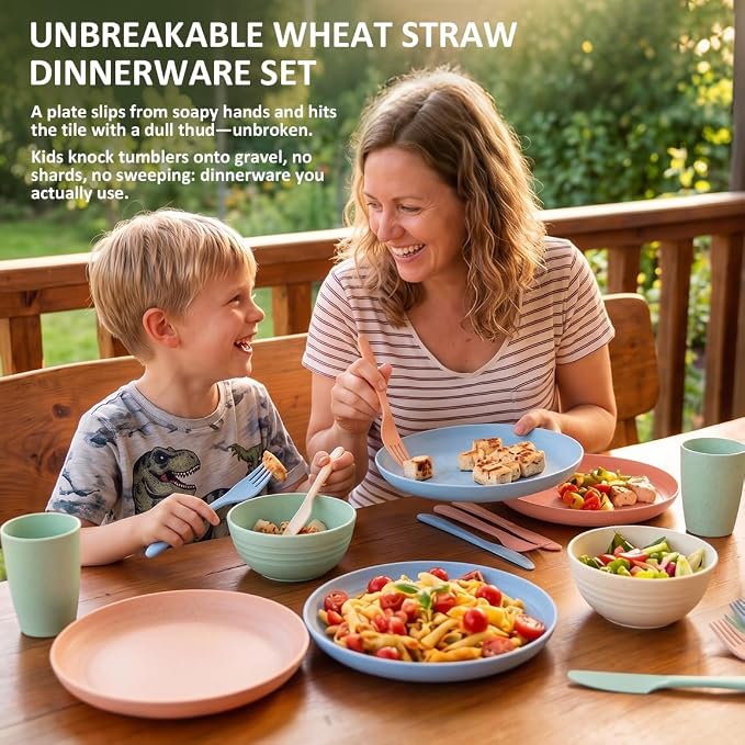 Plates and Bowls Sets for 4, Unbreakable Cups and Plates Sets 24 Piece, Wheat Straw Dinnerware Sets for Kitchen, Microwave Safe Plates Set for 4, RV and Camper Essentials - Colorful
