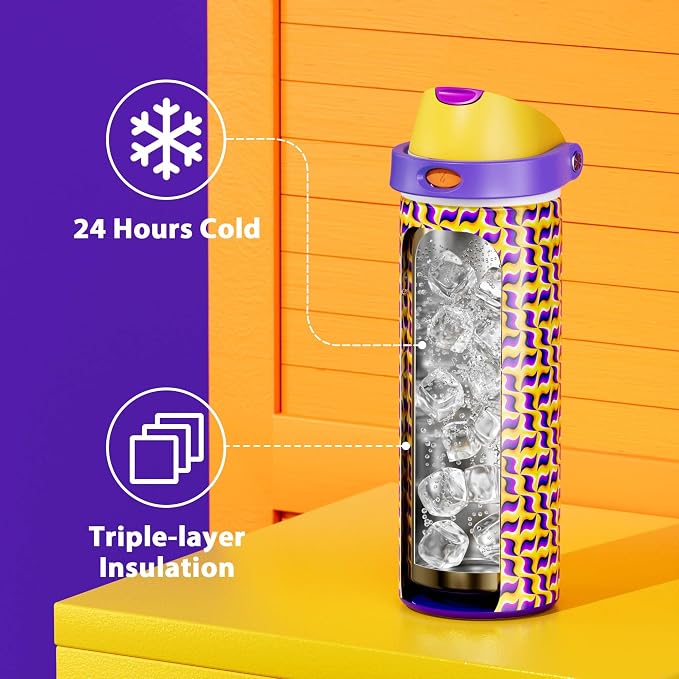 24 oz Insulated Water Bottle with Straw: Meoky Stainless Steel Water Bottle with Holder and Strap - Leak Proof, Cold for 24 Hours, Fits in Car Cup Holder, BPA-Free for Travel Sports Gym, Optic Wave