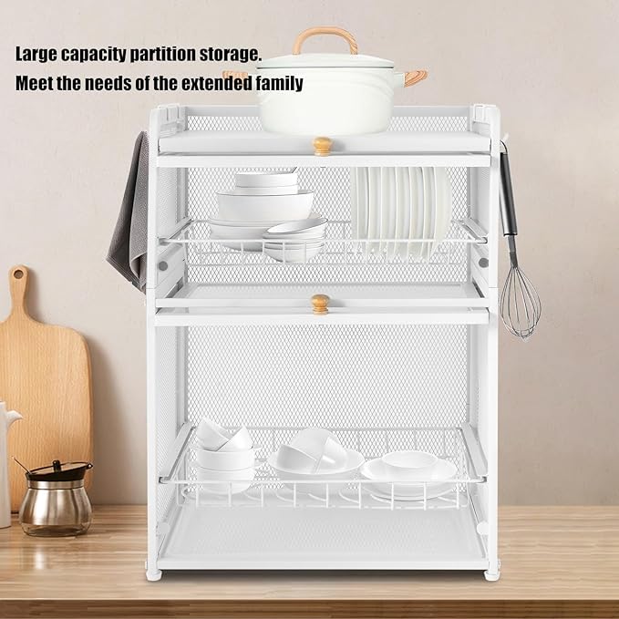 3 Tier Dish Drying Rack Modern House Ware Dish Organizer Cutlery Drainer with Lid Cover Detachable Drip Tray Storage Box Basket for Kitchen Organizing Storage Holder