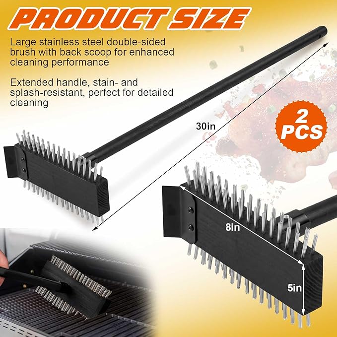 2 Pcs Black Stainless Steel Grill Brush Grill Scraper with 30'' Long Wooden Handle for Commercial Cleaning Kitchens Restaurants Bathrooms