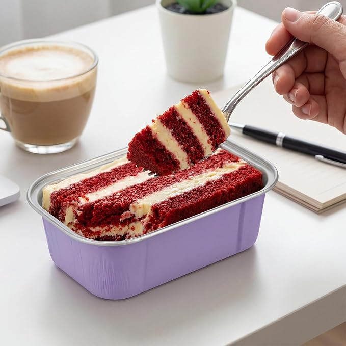 Vesici 100 Sets Mini Loaf Pans with Lids, 5.7 oz Disposable Aluminum Foil Baking Cups, Rectangle Cake Pans for Baking Storage Birthday Party(Purple)