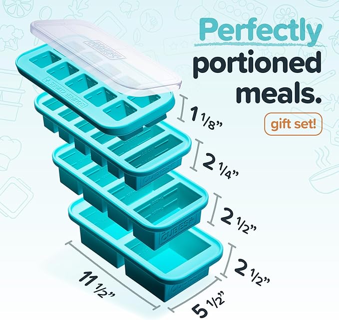 Souper Cubes Silicone Freezer Molds Gift Set, Aqua | 2 Tbsp, 1/2 Cup, 1 Cup and 2 Cup Silicone Molds for Food Set, Perfect for Freezing Soup, Grains, Proteins, Herbs and More