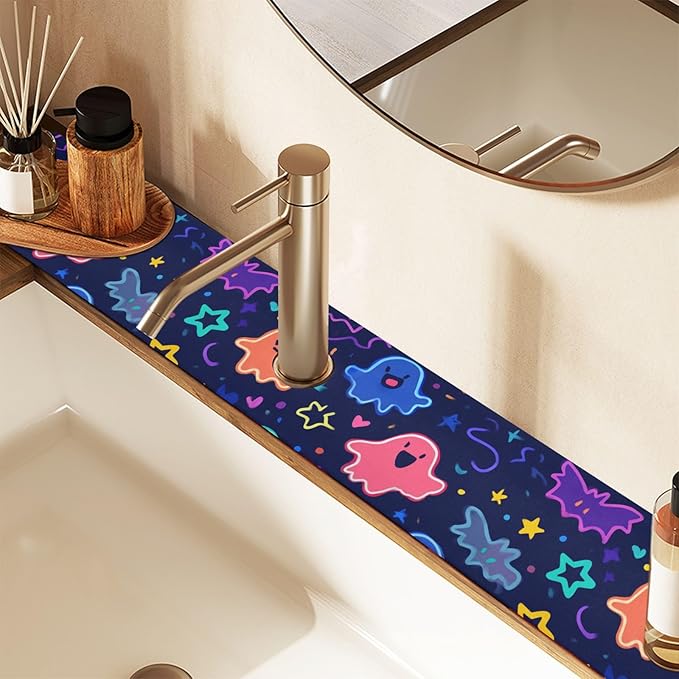 Kitchen Sink Splash Guard 1 PC 30 Inch Sink Faucet Mat Splash Guard for Bathroom Countertop Water Absorbent Foldable Cuttable Soft Washable Halloween Neon Ghosts Stars and Bats