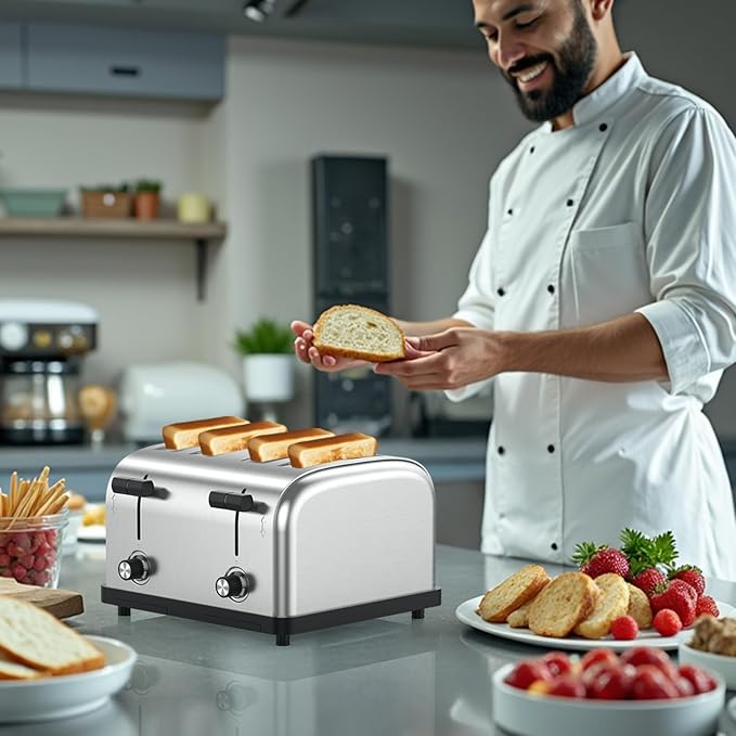 1800W Commercial Grade 4-Slice Pop Up Toaster -Stainless Steel 6-Browning Settings for Bread with Removable Crumb Tray for Bagel Bread English Muffins, Waffles (Commercial & Home Use)