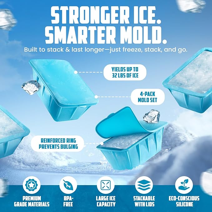 Extra Large Ice Block Mold For Ice Bath - 4x, Large Ice Mold for Freezer with Lids - Reusable, Silicone Ice Bath Accessories, Cold Plunge Giant, Ice Blocks for Chiller & Cold Therapy