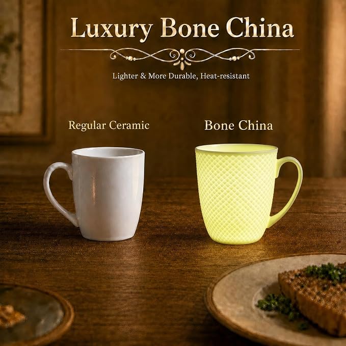 12 Oz White Coffee Mugs Set of 2, Fine Bone China Mugs, Ceramic Coffee Cups Set, Rhombus Relief Texture, Lightweight Tea Mugs for Latte, Hot Cocoa, Women, Men