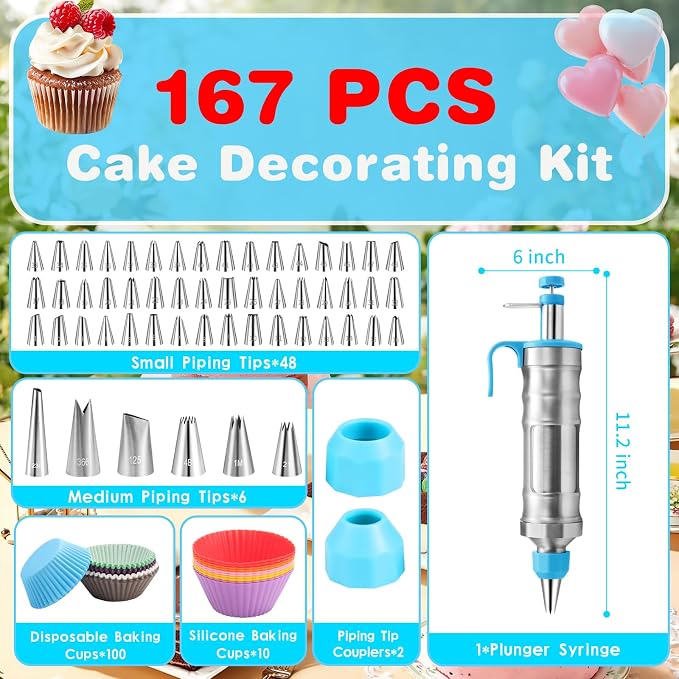 167 Pcs Cake Decorating Kit, Dessert Piping Syringe And Icing Tips Set, Icing Dispenser Tool, Cupcake Decorating Piping Kit for Beginners, Baking Enthusiasts And Professionals (Light Blue)