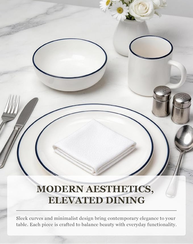OTAGO 16-Piece Dinnerware Set for 4 with 4 Mugs, White with blue rim Stoneware Plates and Bowls Sets, Ceramic Dish Set for Kitchen, Dinner & Dining, Blue Rim, Microwave & Dishwasher Safe