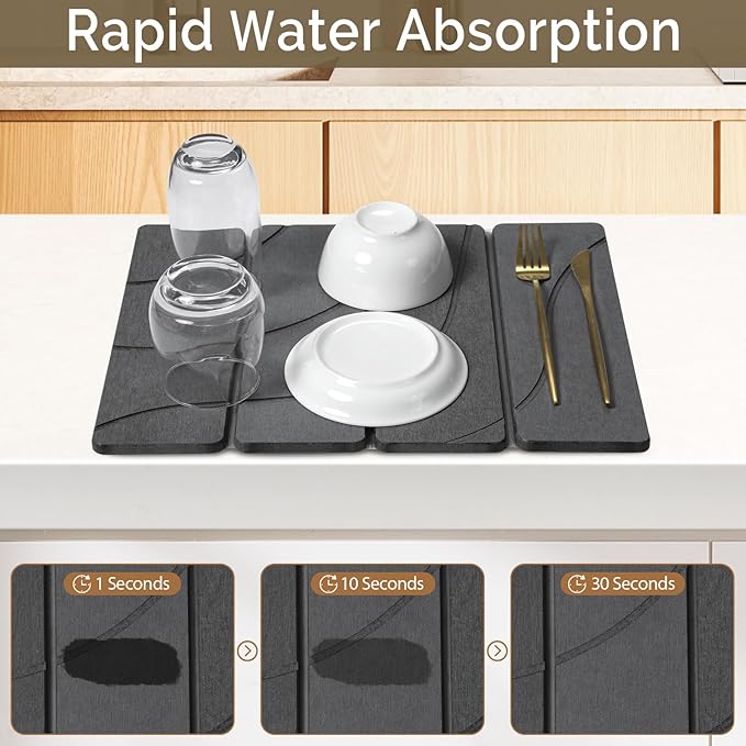 Small Stone Dish Drying Mat for Kitchen Counter, 2 PCS 16"×12" & 8"x4" Quick Dry Stone Mats, Foldable Water Absorbing Diatomite Drying Dish Pad for Countertop Bottles Utensils Cups(Carved Gray)
