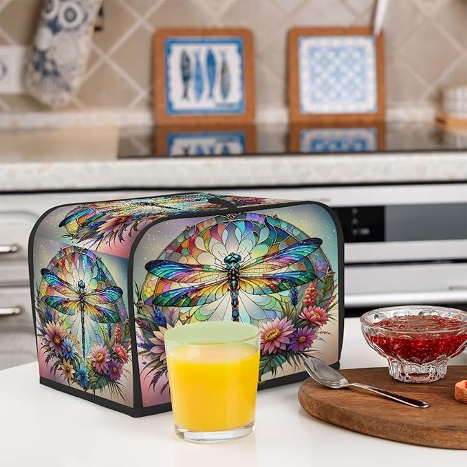 Glass Dragonfly Colorful 4 Slice Toaster Cover Dust And Fingerprint Bread Maker Cover Bakeware Protector Washable Appliance Covers Kitchen Accessories For Home Kitchen Women Gift