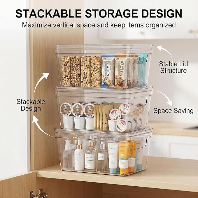 MOONEDGE Small Clear Plastic Storage Bins with Lids and Handles,Stackable Small Item Organizer Containers for Vanity,Craft,Office,Fridge,Kitchen,Pantry,Bathroom,Closet – 6 Pack (10×6×5 in)