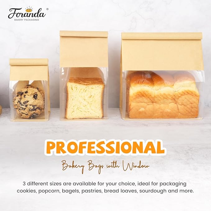 50 Pack Cookie Packaging Bags, 3.9x3.1x8.2 Inches Small Bakery Bags with Window Tin Tie Tab Lock Resealable Paper Treat Bag for Baked Goods Gift Giving and Bake Sale | Thick Material, Grease Resistant, Self Standing