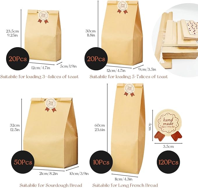 SNAIL GARDEN Sourdough Bread Bags - 100pcs with Four Sizes, Windowed, Kraft Paper with 120pcs Label Seal Stickers for Bakery Cookies, Treats