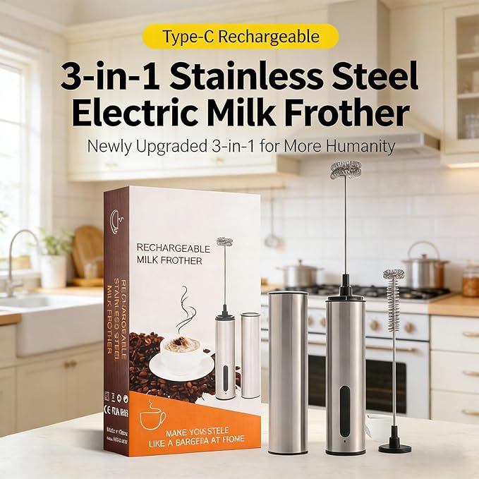 EVGATSAUTO USB Rechargeable Milk Frother, Handheld Foam Maker Electric Whisk with Stainless Steel Whisk 3 Speeds for Coffee Latte Egg Baking