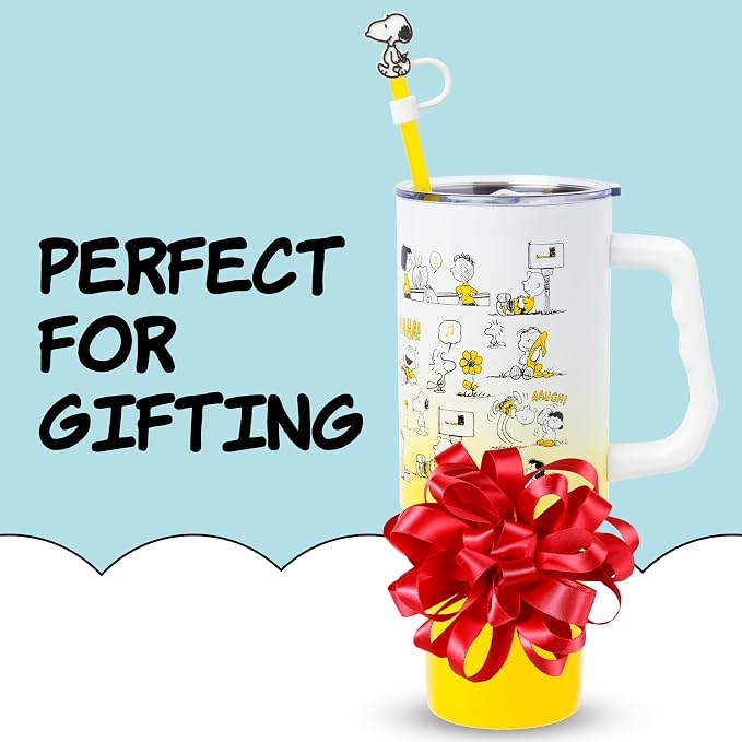 Silver Buffalo Peanuts Iconic Scenes Charlie Brown, Snoopy, Woodstock, Lucy, Sally, Linus Double Walled Stainless Steel Tumbler with Handle, Straw, & Straw Cap, Fits in Standard Cup Holder, 40 Ounces