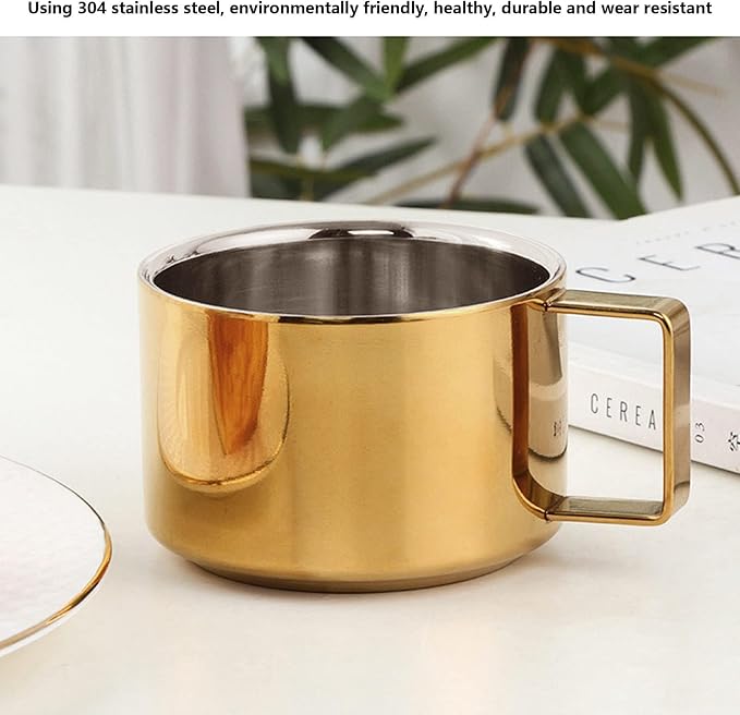 2Pcs Espresso Cups and Saucers Set, Coffee Cup and Saucer Set Gold Coffee Mug Stainless Steel Demitasse Cups Exquisite Luxury Small Coffee Containers for Latte Cappuccino Tea, 200ML