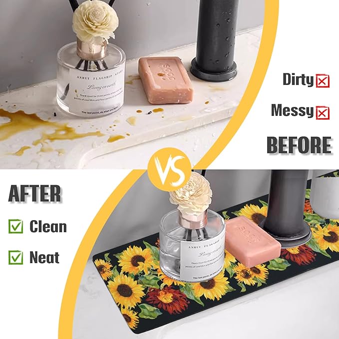 Sink Faucet Absorbing Mat, 2 Pack Drying Mat Around Faucet Sink Splash Guard Behind Faucet Sinkmat For Kitchen Bathroom Island Rv 24 * 5.5 Inch (60 * 14 cm)