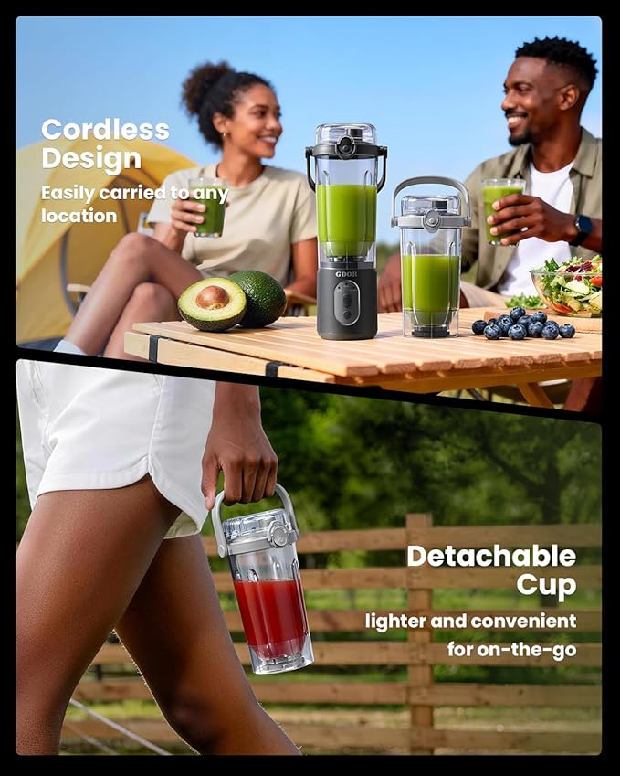 GDOR Portable Blender Cordless, Personal Mini Blender for Shakes and Smoothies, USB-C Rechargeable, with 3 Programs, Ice Crush, Blend and Smoothie, 2x23oz Removable Cups, BPA-Free