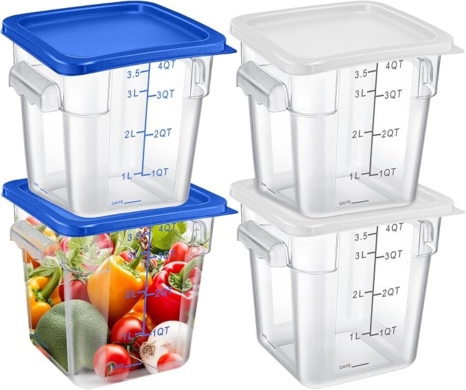 Maxcheck 4 Pcs 4qt Food Storage Container with Lids Bulk Clear Plastic Commercial Food Storage Bins with Scale Handle Space Saving Restaurant Tubs for Kitchen Prep Proof Dough(White, Blue)