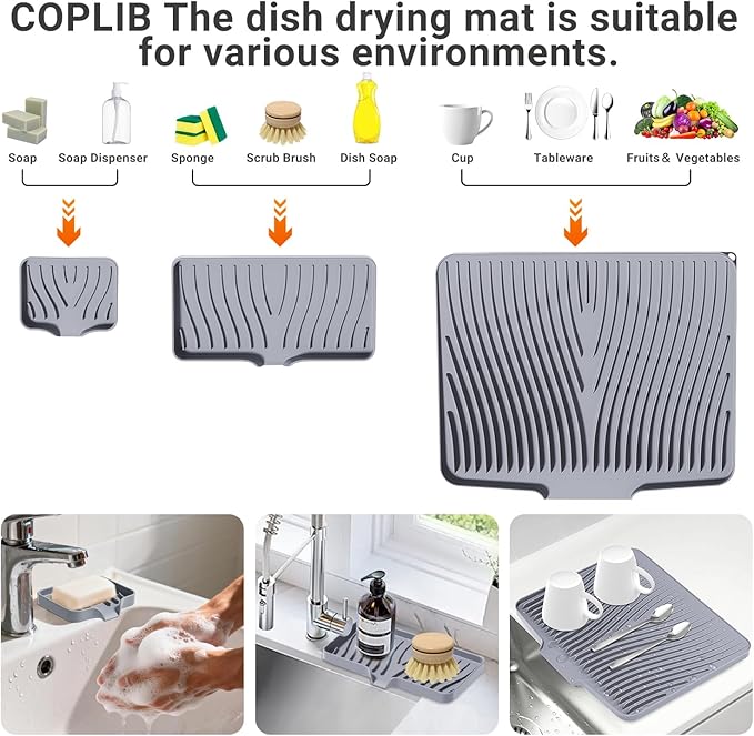 Silicone Dish Drying Mat for Kitchen Counter, Dish Drying Pad, Non-Slip Drain Pad with Built-in Drain, Heat Resistant Stone Drying Mat