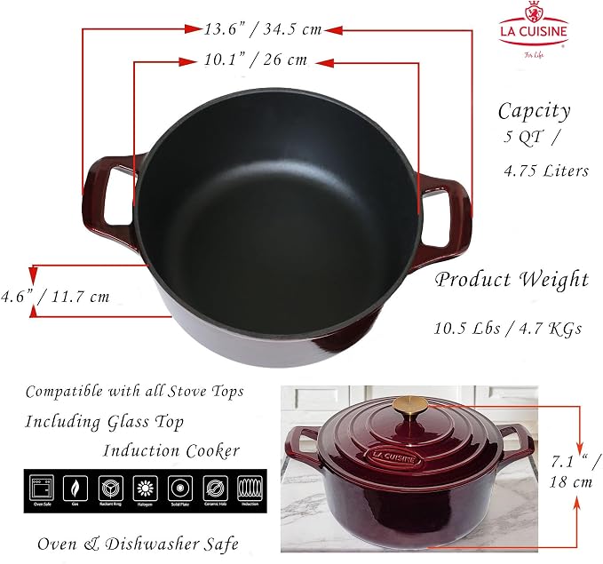 La Cuisine Enameled Cast Iron Dutch Oven Casserole Dish Pot with Lid, 5 QT 10.3“ /26cm Dia. Internal Matt Black Enamel Coating Gold-Plated SS Lid Handle Oven Safe up to 500° F, Cranberry