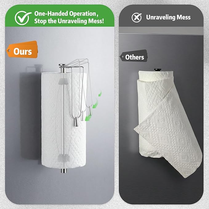 KIHOGEM Magnetic Paper Towel Holder for Fridge, Stainless Steel Paper Towel Holder Magnetic with Gravity-Weighted Arm, Kitchen Paper Towel Holder with 2 Metal Plates for Wall, Cabinet, RV