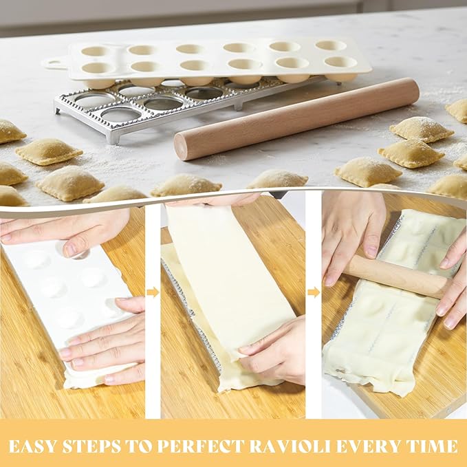 Pasta Making Tools,13PCS Wood Pasta Making Kit with Pasta Rolling Pin,Ravioli Mold,Ravioli Cutter,Gnocchi Board,Pasta Stamps,Dumpling Tools,Stick Dough Scraper Making Accessories