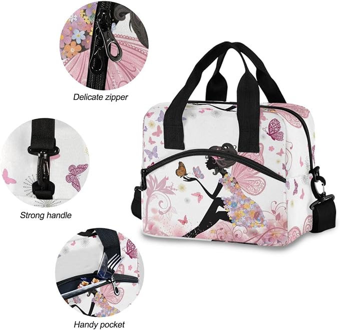 OREZI Lunch Bag for Girls Women,Flower Fairy Pink Butterflies Lunch Box Container with Detachable Shoulder Strap,Insulated Lunch Coolers for School Office