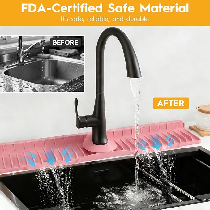 16" Silicone Faucet Mat for Kitchen Sink Released in 2026,8° Slope Fast Self-draining-Kitchen Sink Splash Guard,Bathroom Kitchen Sink Area Water Splash Guard Behind Faucet Draining Mat(Pink)