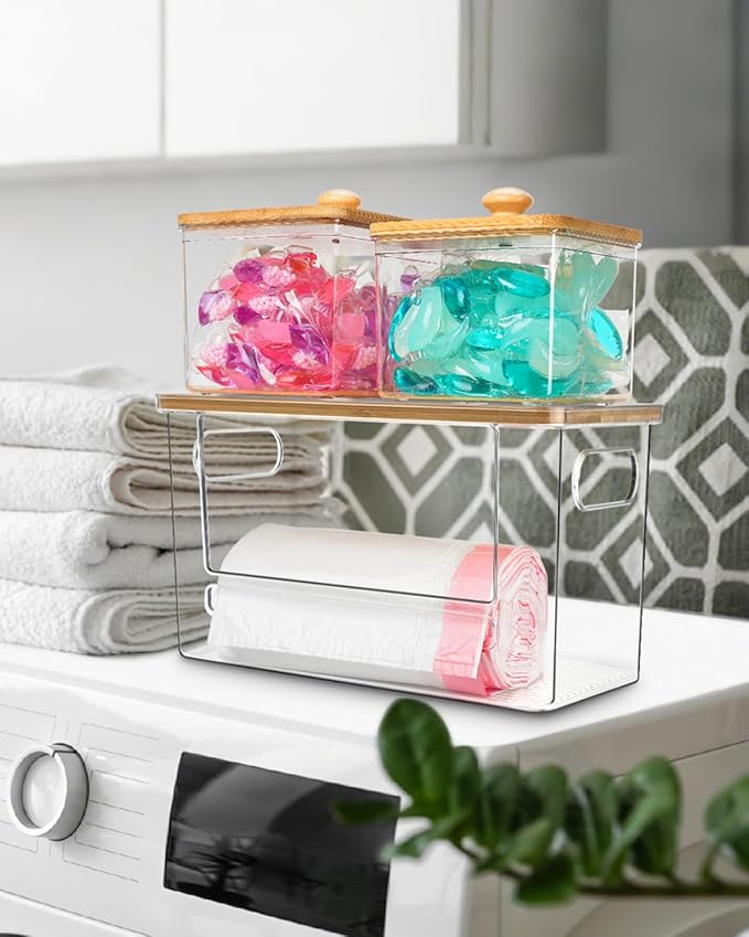 Trash Bag Dispenser 2 Pack, Stackable Acrylic Garbage Bags Dispenser with Bamboo Lid, Extra Large Clear Under Sink Organizer for 13/30/33 Gallon Bags, Kitchen, Cabinet, Laundry Room Storage