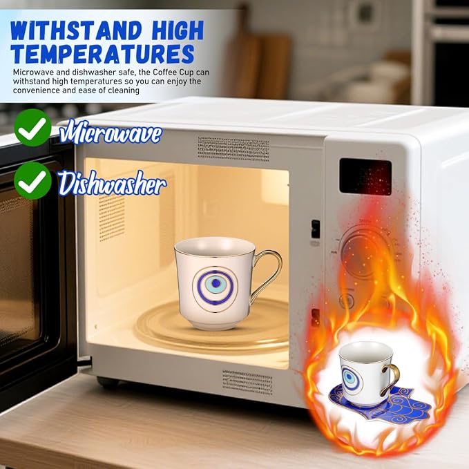 Kichvoe Evil Eye Coffee Mug with Saucer Set Ceramic Porcelain Tea Cup 4.13X2.95X2.95 Inch Microwave Dishwasher Safe for Home Office Beverage Milk Water