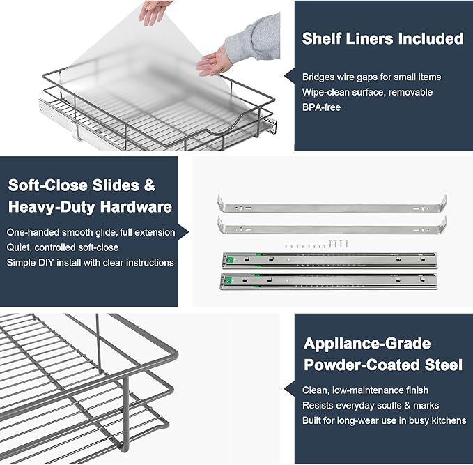 Pull Out Shelves - 14" W x 22" D Soft Close Pull Out Cabinet Organizer 1 Tier - Sliding Shelves with Shelf Liner - Heavy Duty Steel Wire Drawers for Kitchen Cabinets, Pantry, Bathroom