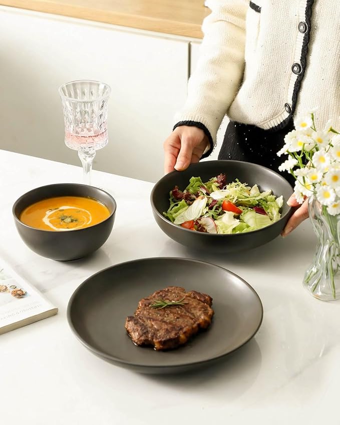 Plates and Bowls Sets, 12-Pieces Stoneware Dinnerware Set Ceramic, Matte Black Dishes Set for 4, Scratch Resistant, Microwave and Dishwasher Safe Tableware, Porcelain