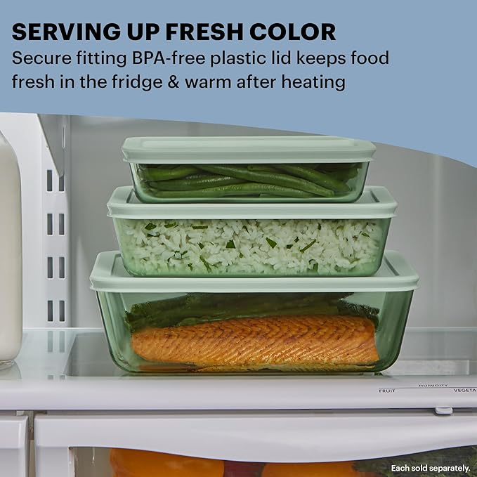 Pyrex Colors Tinted (4-PC) Large Rectangular Food Storage Container Set, Snug Fit Non-Toxic Plastic BPA-Free Lids, Freezer Dishwasher Microwave Safe, 6 Cup & 11 Cup