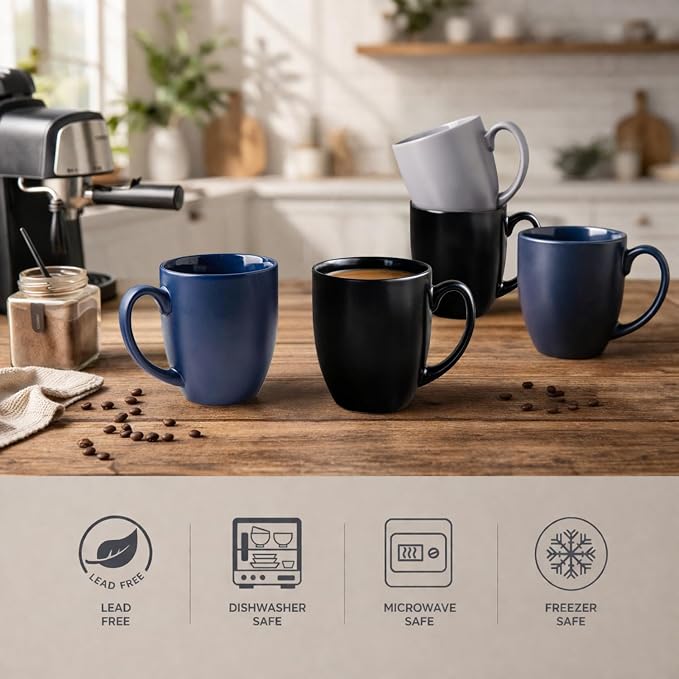 AmorArc 16oz Coffee Mugs Set of 6, Large Ceramic Coffee Mugs for Men Women Dad Mom, Modern Coffee Mugs with handle for Tea/Latte/Cappuccino/Cocoa. Dishwasher&Microwave Safe, Matte Black