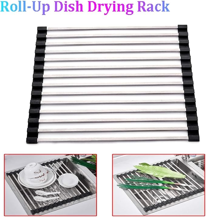 Kitchen Roll-Up Dish Drying Rack 12 Square Tubes Foldable Stainless Steel Over Sink Fruit Vegetable Drainer Bowl Storage Holder Racks(Size:45x33cm)(Tobes - 12,60x33cm)