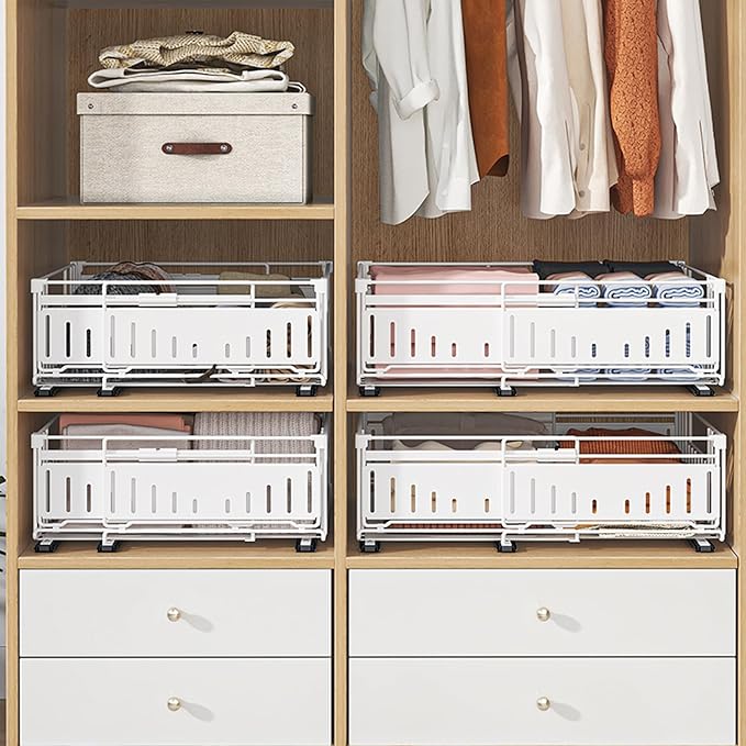 Expandable Pull Out Cabinet Organiser, No Drill Adhesive Slide Out Kitchen Drawer Shelf Durable Metal for Under Sink, Cupboard, Pantry, Adjustable Width (12.8"-19.7") (Style A White, 1 Pack)