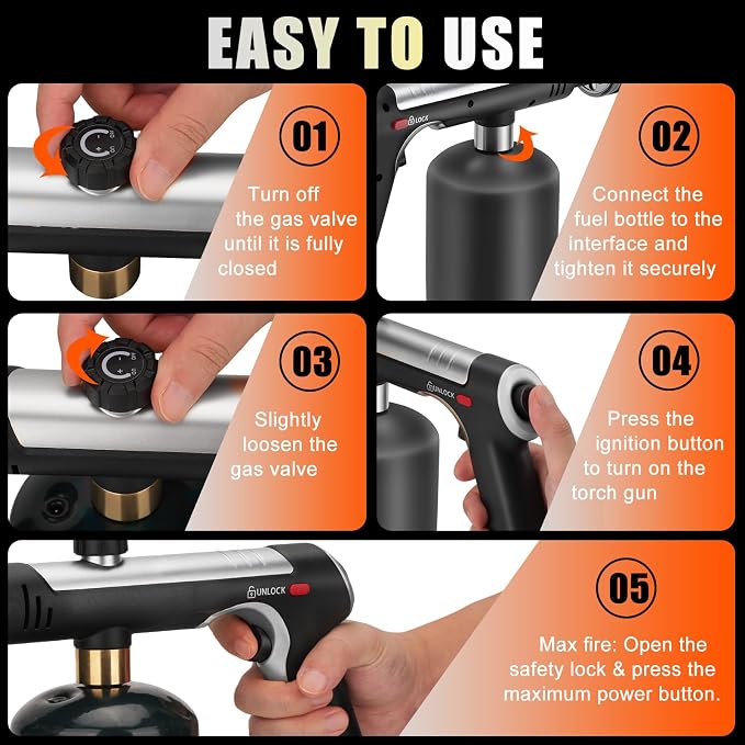 Propane Torch Gun, High-Heat Blow Torch with One-Touch Max Fire & Safety Lock, Adjustable Cooking Torch for Sous Vide, BBQ Grilling, Charcoal, Fireplace, DIY Projects (Tank Not Included)