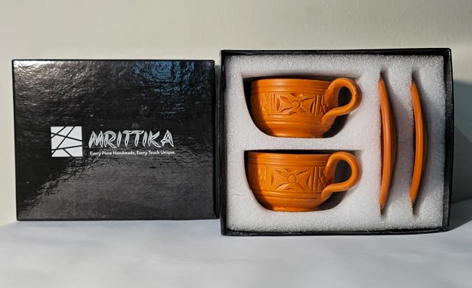 Handmade Tea Cup Set - Limited Edition Gift Set – 2 Terracotta Cups + 2 Saucers – Unique Handmade Gift Box